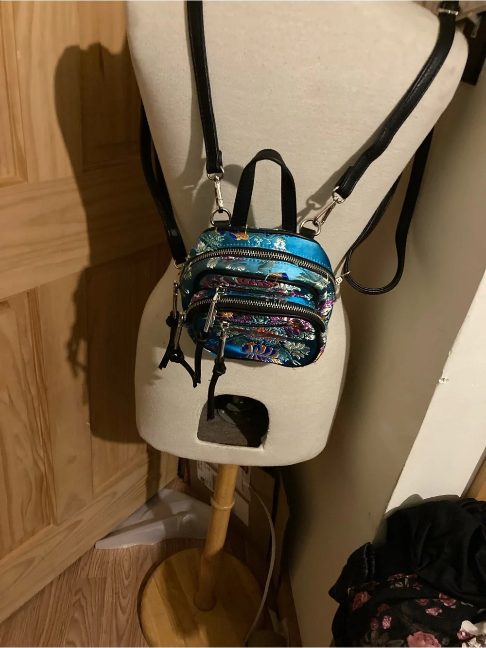 Blue Chinese style embroidered floral mini backpack